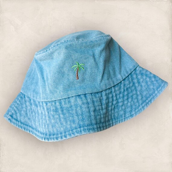 帽子 wind and sea Palm tree Bucket Hat Palm Tree Embroidered Denim Bucket Hat, Bachelorette Party Favors