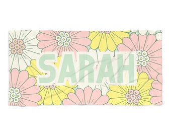 CUSTOM Name, Garden Floral Party Bachelorette Beach Towel, Flower theme Pool Party Towels, Gifts for Brides and Bridesmaids