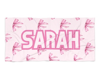 CUSTOM Name, Pink Bow Girly Party Bachelorette Beach Towel, Bows theme Pool Party Towels, Gifts for Brides and Bridesmaids