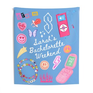 May include: A blue background with various colorful stickers and illustrations. The text "Sarah's Bachelorette Weekend" is written in white cursive. The stickers include a peace sign, a lightning bolt, a star, a butterfly, a heart with two eyes, a smiley face, a dice, a bracelet, a phone, a cassette player, a flame, and the letters "BFF".