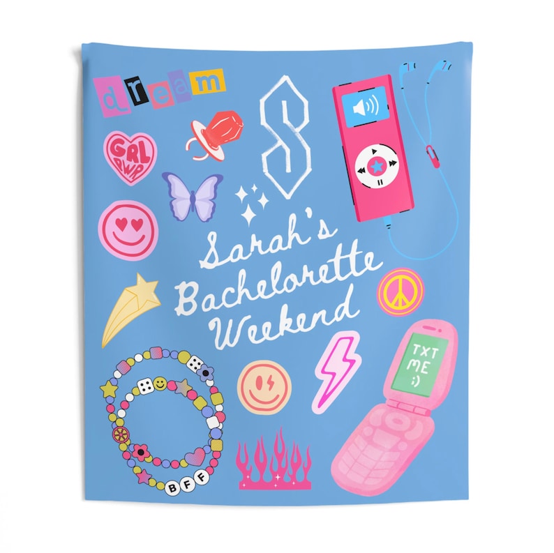 May include: A blue background with various colorful stickers and illustrations. The text "Sarah's Bachelorette Weekend" is written in white cursive. The stickers include a peace sign, a lightning bolt, a star, a butterfly, a heart with two eyes, a smiley face, a dice, a bracelet, a phone, a cassette player, a flame, and the letters "BFF".