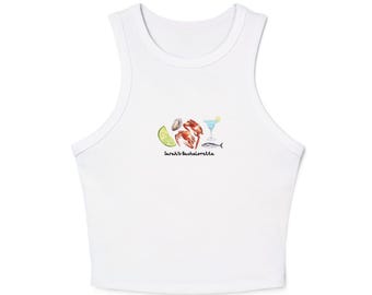 May include: White tank top with a graphic of a lime wedge, a shrimp, a clam, a fish, and a margarita glass. The text "Sarah's Bachelorette" is printed below the graphic.