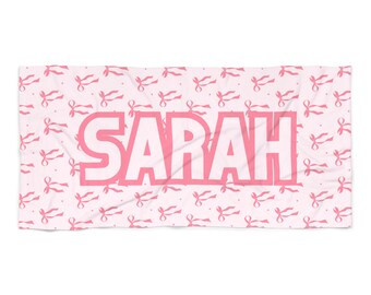 CUSTOM Name, Pink Bow Girly Party Bachelorette Beach Towel, Bows theme Pool Party Towels, Gifts for Brides and Bridesmaids