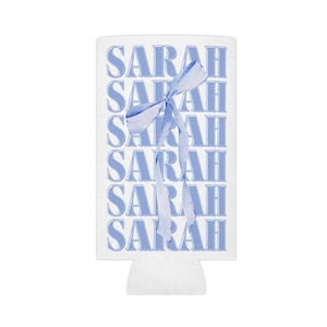 CUSTOM Name Can Cooler, Blue Bow, Girly Bachelorette, Something Blue Favor