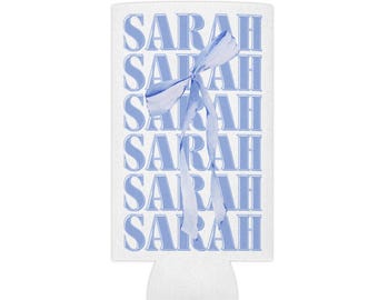 CUSTOM Name Can Cooler, Blue Bow, Girly Bachelorette, Something Blue Favor