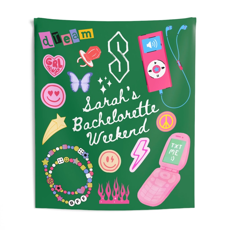 May include: Green poster with a pink and white design featuring the text "Sarah's Bachelorette Weekend" and various 90s-themed icons, including a peace sign, a lightning bolt, a star, a butterfly, a heart, a cassette player, a cell phone, and a bracelet.
