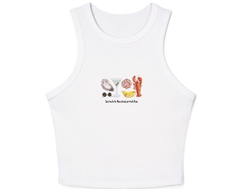 May include: White tank top with a graphic of a martini glass, oyster, seashell, lemon wedge, and lobster. The text "Sarah's Bachelorette" is printed below the graphic.