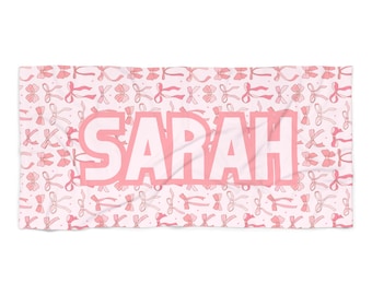 CUSTOM Name, Pink Bow Girly Party Bachelorette Beach Towel, Bows theme Pool Party Towels, Gifts for Brides and Bridesmaids