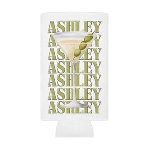 CUSTOM Name Can Cooler, Martini , Tinis and Bikinis Bachelorette Coozie