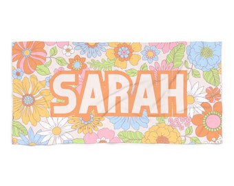 CUSTOM Name, Floral Garden Party Bachelorette Beach Towel, Flower theme Pool Party Towels, Gifts for Brides and Bridesmaids