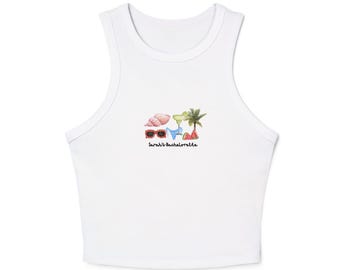 May include: White tank top with a graphic of a seashell, sunglasses, a cocktail, a palm tree, and a watermelon. The text "Sarah's Bachelorette" is printed below the graphic.