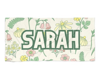 CUSTOM Name, Garden Floral Party Bachelorette Beach Towel, Flower theme Pool Party Towels, Gifts for Brides and Bridesmaids