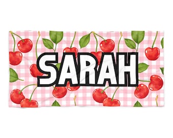 CUSTOM Name, Cherry Picnic Party Bachelorette Beach Towel, Pink Gingham theme Pool Party Towels, Gifts for Brides and Bridesmaids