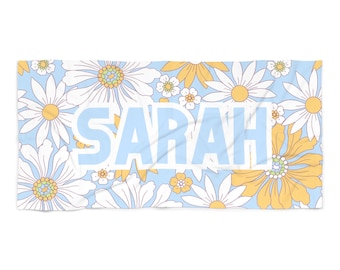 CUSTOM Name, Garden Floral Party (blue and yellow)Bachelorette Beach Towel, Flower theme Pool Party Towels, Gifts for Brides and Bridesmaids