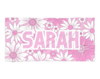 CUSTOM Name, Garden Floral Party Bachelorette Beach Towel, Flower theme Pool Party Towels, Gifts for Brides and Bridesmaids