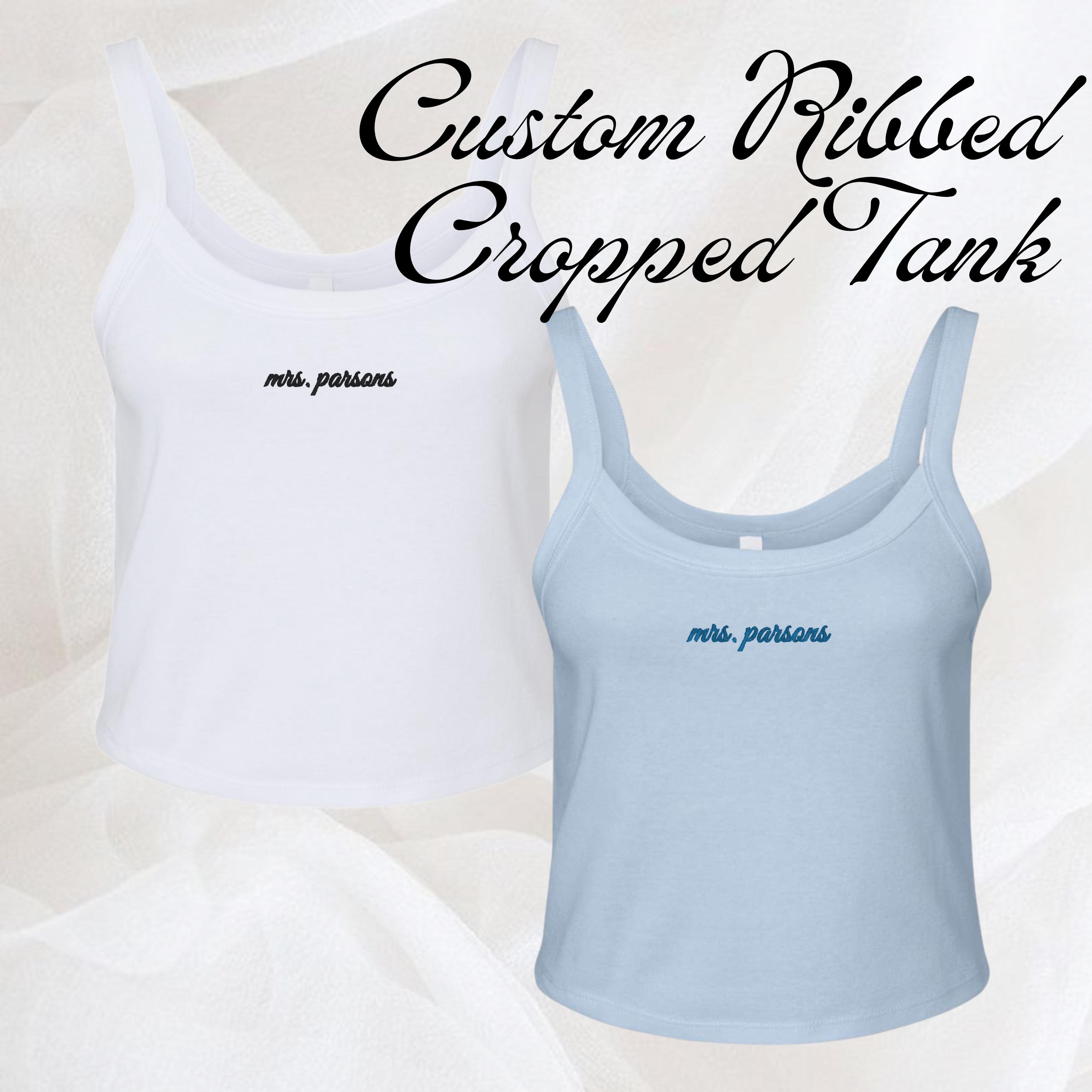 Custom Embroidered Ribbed Cropped Spaghetti Tank Top for Bride