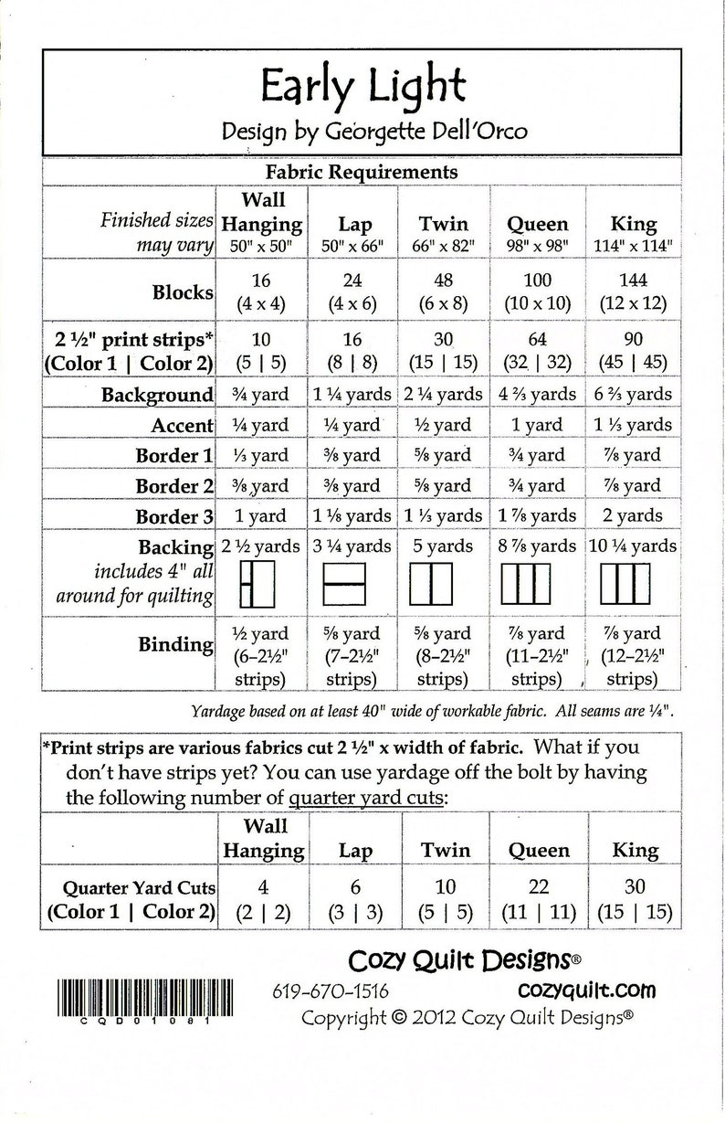 FREE Shipping Coupon - See Description Cozy Quilt Designs CQD01081 EARLY LIGHT *A Pieced Strip Club Pattern for 2-12 Strips* By