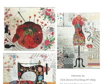 Teeny Tiny Collage Pattern Group 5: Pincushion, Dress Form, Sewing Machine By- Laura Heine - Fiberworks