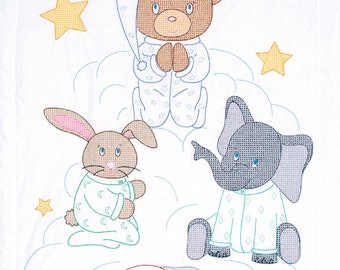 Praying Bear and Friends Crib Quilt Top *Stamped Cross Stitch & Embroidery Design* From: Jack Dempsey Inc
