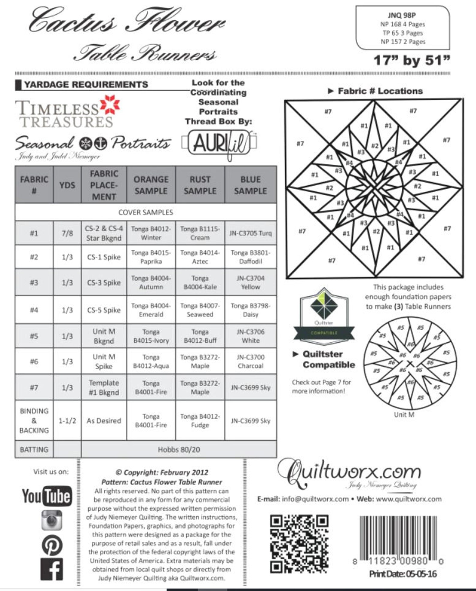 Cactus Flower Tablerunner Foundation Paper Piecing Pattern By Judy Niemeyer - 3 Runners, 17" X 51" Each