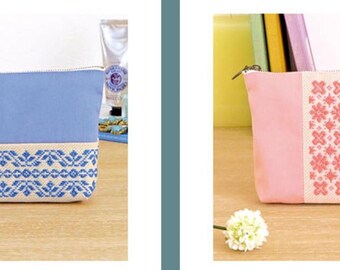 Olympus Kogin Embroidery Pouch Kit *Pink or Blue* *Complete Kit- Includes Fabric, Thread, Needle, Zipper* From: Emma Creation