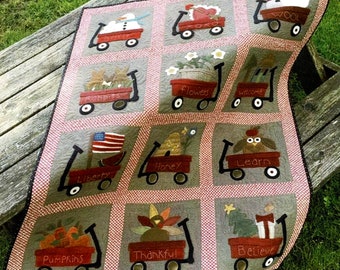 My Wooly Red Wagon *12-Month Applique Block of The Month Quilt Pattern* (Complete Set) From: Wooden Spool Designs