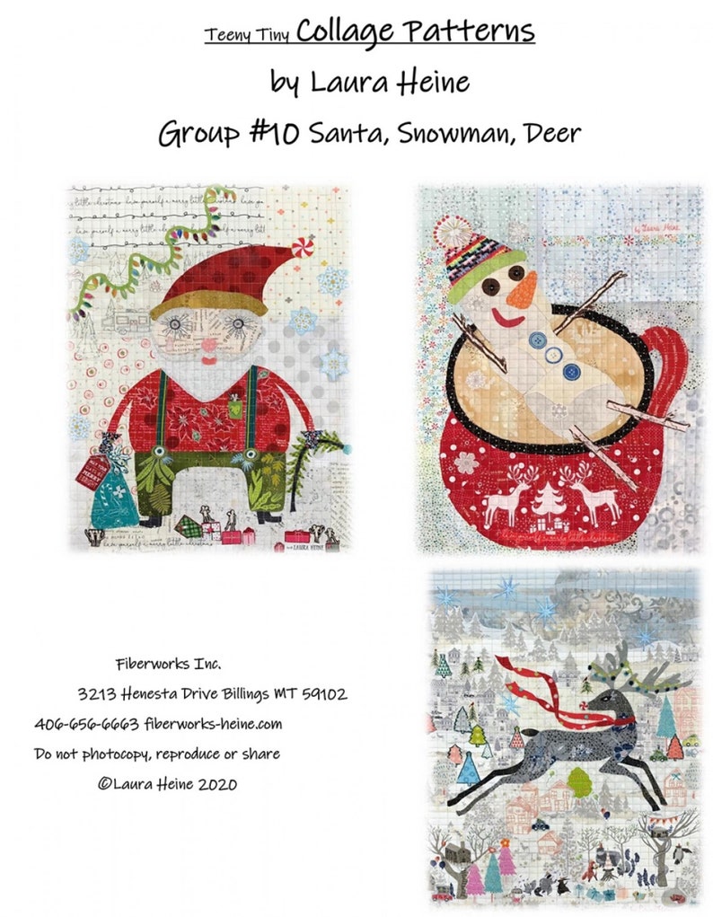 Laura Heine-Fiberworks Group 10 SNOWMAN /& DEER Teeny Tiny Collage Pattern By SANTA