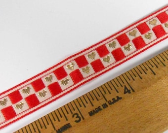 4 Yards Vintage Jacquard Ribbon Trim: Red Checkerboard with Gold Hearts