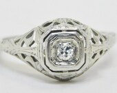 Antique Diamond Ring 18kt White Gold Edwardian Art Deco Filigree Wedding Jewelry