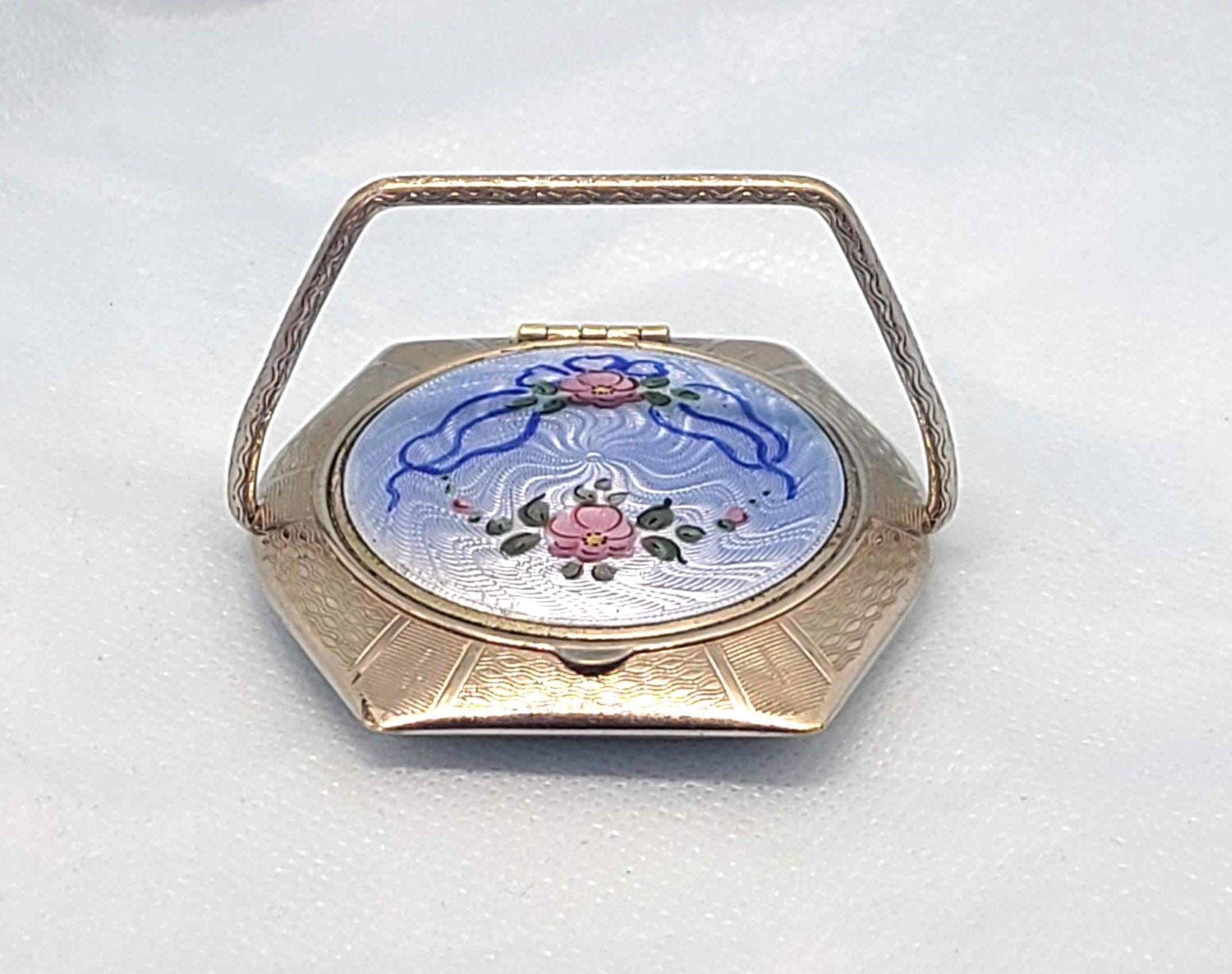 Handled Compact Guilloche Enamel 1930s Blue Hand Painted Pink Flowers ...