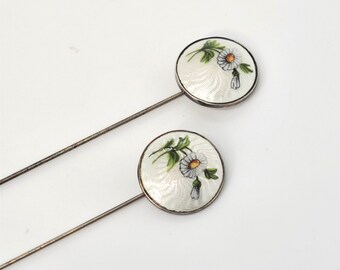 Antique Hat Pins Guilloche Enamel Sterling Silver Pair Rare 7.5" Long White Green