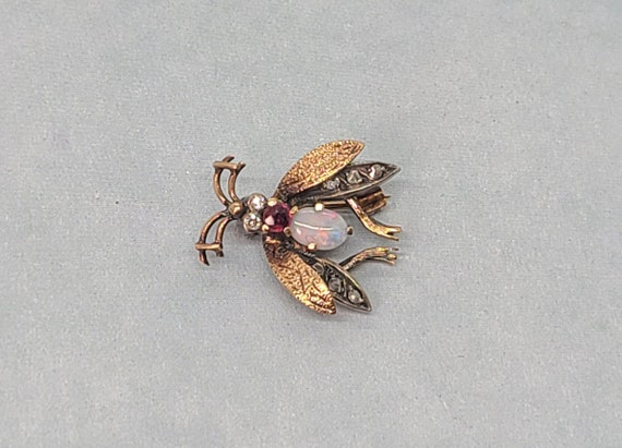 Diamond Ruby Opal Fly 18K Rose Gold Insect Brooch… - image 2