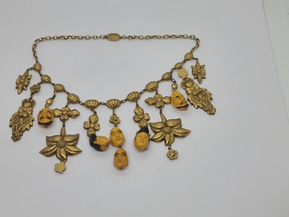 Chinese Brass and Hediao Beads Necklace Carved Nu… - image 6