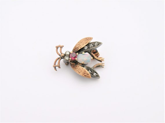 Diamond Ruby Opal Fly 18K Rose Gold Insect Brooch… - image 3