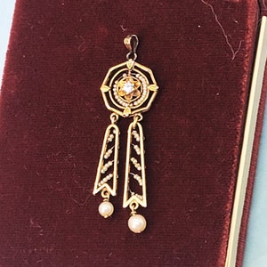 Diamond Lavaliere Pendant 14k Gold Art Deco Freshwater Pearls Seed Pearls Early 1920s