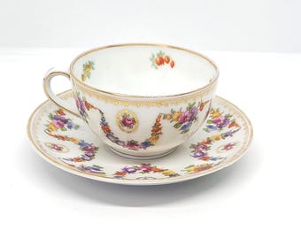 Schumann Bavaria Dresden Flowers Teacup and Saucer, Wide Mouth