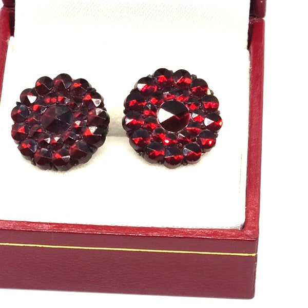 Antique Garnet Earrings Bohemian Czech Rosecut Screwback Gold over Sterling Jewelry