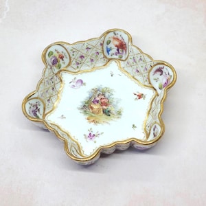 Dresden Hand Painted Dish Bowl Floral Portrait Blue Crown Mark 1883-1893