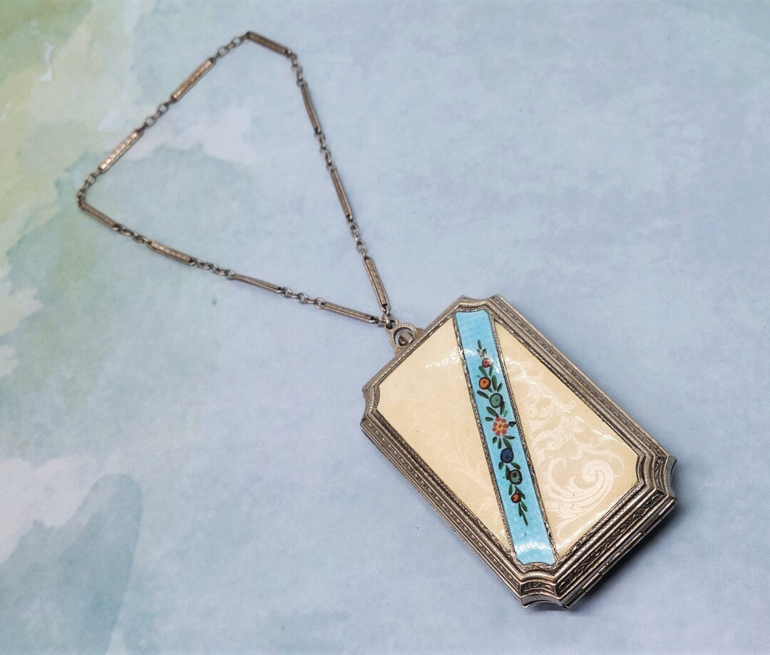 Antique Compact Art Deco Silver Guilloche Enamel Hand Painted Floral