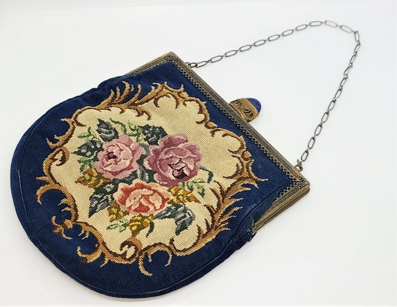 Petit Point Embroidered Purse Hand Bag Brocade Ro… - image 2