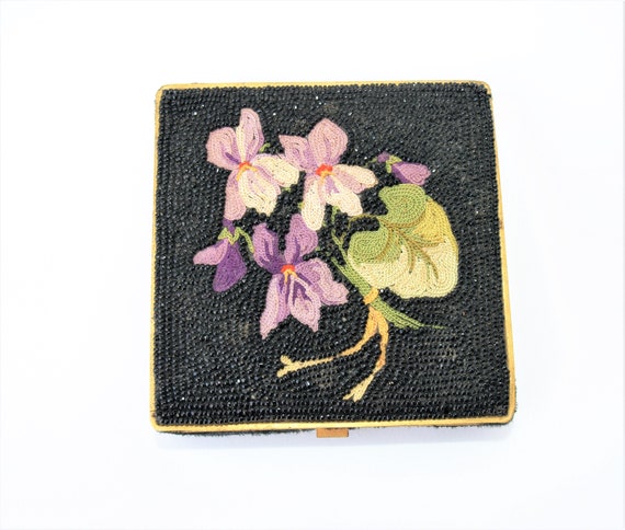 Beaded Compact Crewel Embroidered Violets Swansdo… - image 6