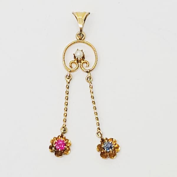 Antique Lavaliere Pendant Sapphire Ruby Pearl 10k Gold Dangle Lavalier Early 1900s Edwardian