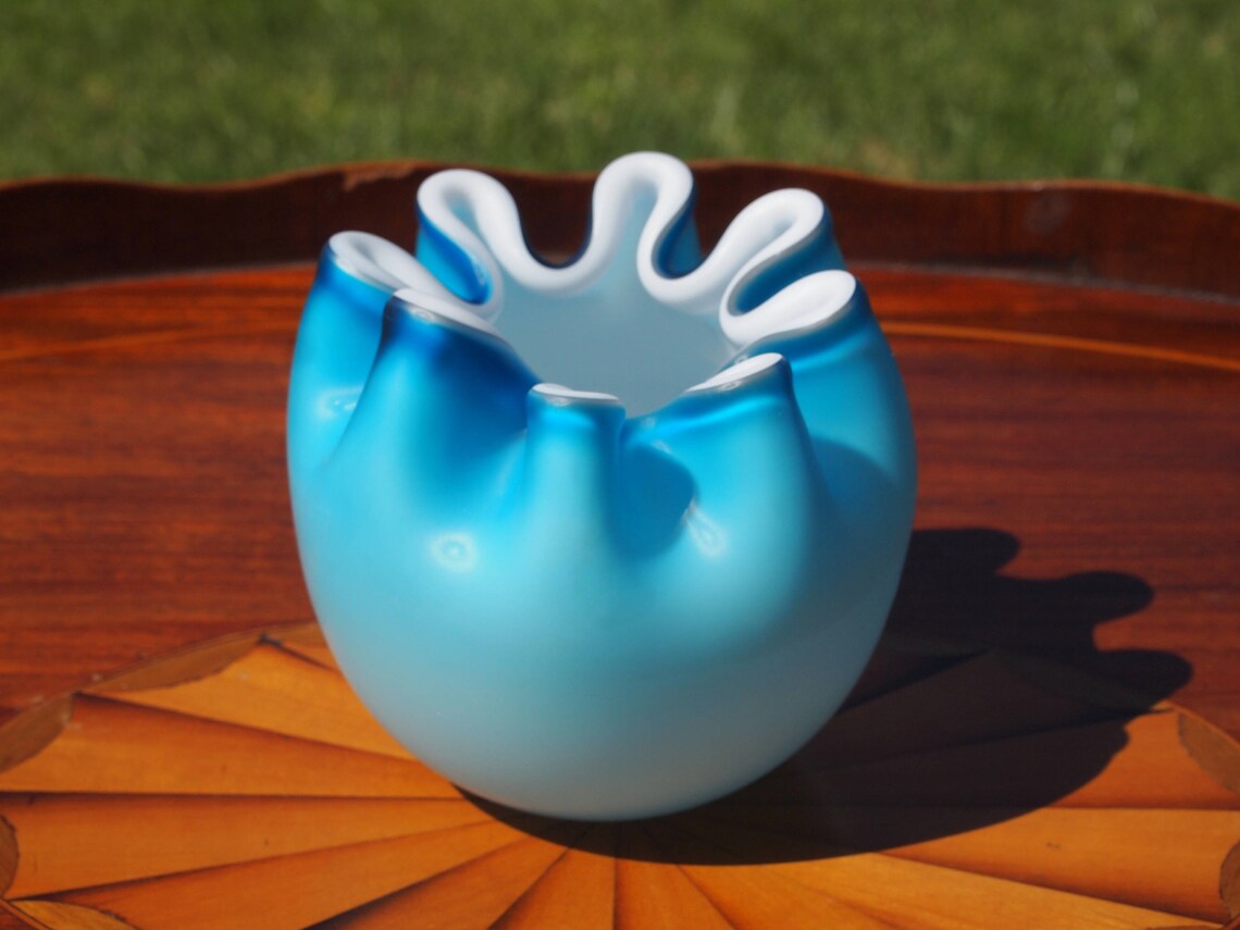 Antique Blue Glass Vase Rose Bowl Art Glass Cased Crimped Etsy