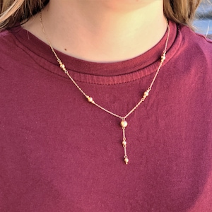 14k Gold Lariat Necklace Station Necklace 14k Bead Necklace 14kt Drop necklace Dainty