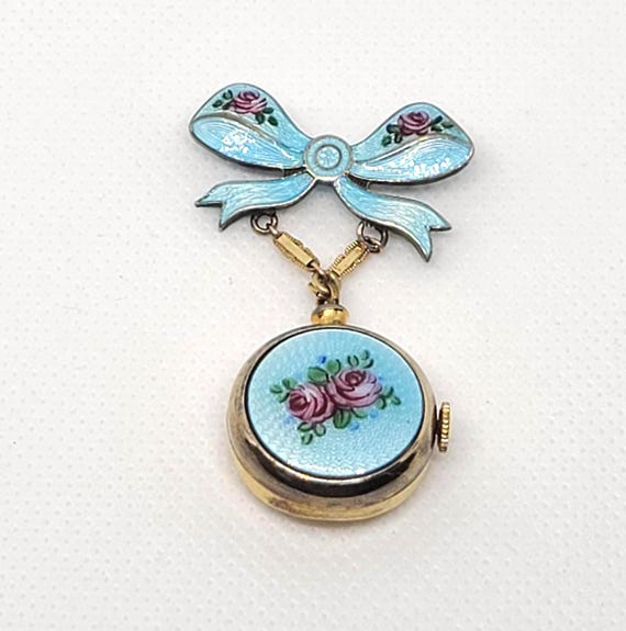 Ladies Pocket Watch Brooch Sterling Blue Guilloche Enamel Heart Shape Lapel Pin Kent