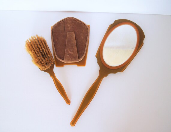 Vanity Set Hand Mirror Frame Brush Celluloid Green 1920s  display picture 3