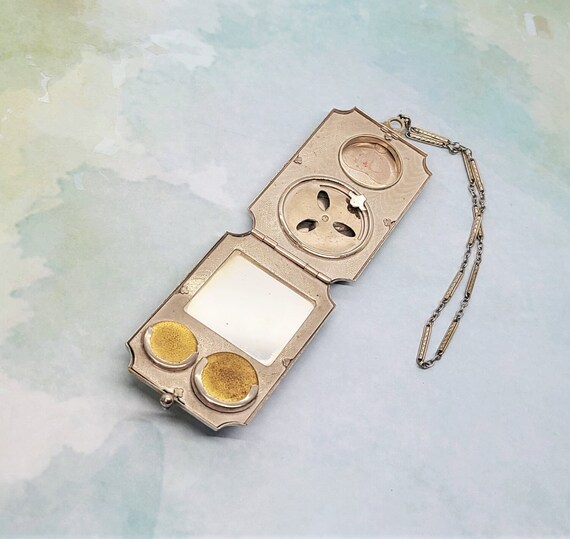 Antique Compact Art Deco Silver Guilloche Enamel Hand… Gem