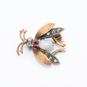 Diamond Ruby Opal Fly 18K Rose Gold Insect Brooch Pin Bug Brooch Bee Jewelry Antique