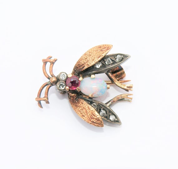 Diamond Ruby Opal Fly 18K Rose Gold Insect Brooch… - image 1