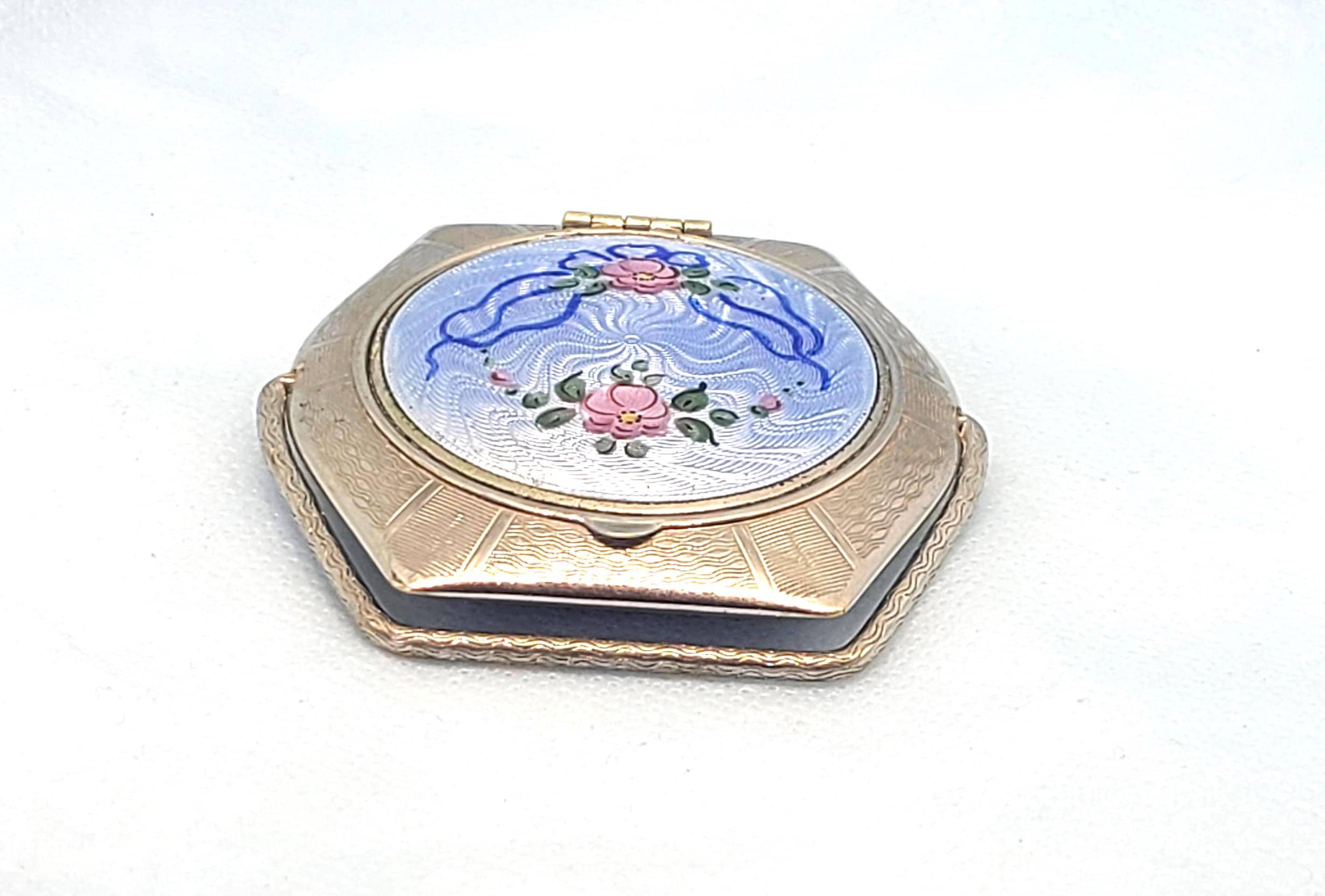 Handled Compact Guilloche Enamel 1930s Blue Hand Painted Pink Flowers ...